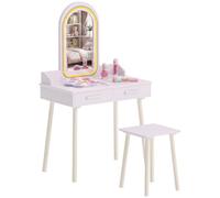 AIYAPLAY Coiffeuse Enfant en Bois avec Miroir LED 3 Couleurs, 3-8 Ans, Rose | Tabouret, Table de Maquillage Enfant, Tiroir, Plateau Spacieux, Coiffeuse Bureau Fille