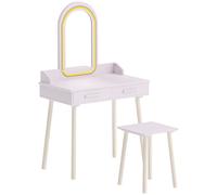 AIYAPLAY Coiffeuse Enfant en Bois avec Miroir LED 3 Couleurs, Tabouret, Tiroir et Plateau Spacieux, 60x36x100cm, 3 à 8 Ans, Rose