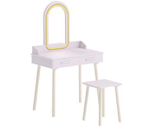 AIYAPLAY Coiffeuse Enfant en Bois avec Miroir LED 3 Couleurs, Tabouret, Tiroir et Plateau Spacieux, 60x36x100cm, 3 à 8 Ans, Rose