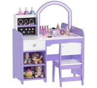 AIYAPLAY Coiffeuse Enfants avec Tabouret et Miroir en Bois 3-8 Ans Violet | Coiffeuse Bureau Fille, Miroir Lumineux à 2 Couleurs en Acrylique, Table de Maquillage, Porte-bijoux, Tiroir, Compartiments