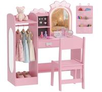 AIYAPLAY Coiffeuse Enfants avec Tabouret et Miroir Penderie Tiroirs Rose | Coiffeuse Bureau Fille, Miroir Lumineux à 2 Couleurs en Acrylique, Table de Maquillage, Poche Latérale, Porte-Bijoux, 3-8 Ans