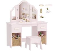 AIYAPLAY Coiffeuse pour Enfants avec Miroir Trois Volets Acrylique, Rose | Tabouret, Table de Maquillage, 2 Tiroirs, 2 Placards, 7 Accessoires, Coiffeuse Bureau Enfant, Cadeau Fille 3+ Ans