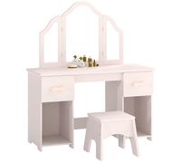 AIYAPLAY Coiffeuse pour Enfants avec Tabouret et Miroir à Trois Volets en Acrylique, 2 Tiroirs et 2 Placards, Rose