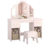 AIYAPLAY Coiffeuse pour Enfants avec Tabouret et Miroir à Trois Volets en Acrylique, Table de Maquillage, 2 Tiroirs et 2 Placards, 7 Accessoires, Coiffeuse Bureau Enfant Cadeau pour Fille 3+ Ans, Rose