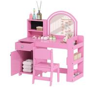 AIYAPLAY Coiffeuse pour Enfants avec Tabouret et Miroir LED, Coiffeuse Fille en Bois avec tiroir, Placard, 2 Compartiments Ouverts et 3 étagères, Table de Maquillage pour 3 à 8 Ans, Rose