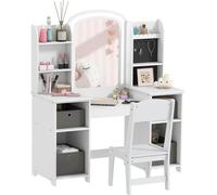 AIYAPLAY Coiffeuse pour enfants avec tabouret et miroir LED, coiffeuse fille en bois avec tiroirs en tissu, étagères ouvertes et crochets à bijoux, table de maquillage pour 3 à 8 ans, blanc