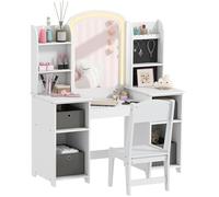 AIYAPLAY Coiffeuse pour Enfants avec Tabouret et Miroir LED, Coiffeuse Fille en Bois avec tiroirs en Tissu, étagères Ouvertes et Crochets à Bijoux, Table de Maquillage pour 3 à 8 Ans, Blanc