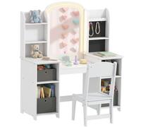 AIYAPLAY Coiffeuse pour enfants avec tabouret et miroir LED, coiffeuse fille en bois avec tiroirs en tissu, étagères ouvertes et crochets à bijoux, table de maquillage pour 3 à 8 ans, blanc