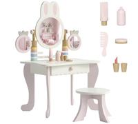 AIYAPLAY Coiffeuse pour Enfants avec Tabouret, Miroir Triple, Rose | Tiroir & 5 accessoires en pin, miroir de maquillage en bois, station maquillage pour fille dès 3 ans pour chambre