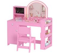 AIYAPLAY Coiffeuse pour Enfants avec Tabouret et Miroir LED, Coiffeuse Fille en Bois avec tiroir, Placard, 2 Compartiments Ouverts et 3 étagères, Table de Maquillage pour 3 à 8 Ans, Rose