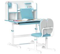 AIYAPLAY Ensemble bureau et chaise pour enfants 3-12 ans, réglable en hauteur, bureau scolaire avec plateau inclinable à 45°, tiroir, étagère, porte-stylos et repose-livres, acier et MDF, bleu