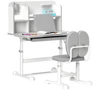 AIYAPLAY Ensemble Chaise et Bureau pour Enfants 3-12 Ans, réglable en Hauteur, Bureau Scolaire avec Plateau inclinable à 45°, tiroir, étagère, Porte-stylos et Repose-Livres, Acier et MDF, Gris