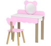 AIYAPLAY Ensemble de coiffeuse avec tabouret pour enfants, miroir de maquillage, forme d'ours, tiroir, MDF, Rose