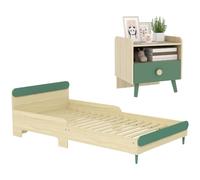 AIYAPLAY Ensemble de lit pour Enfants et Table de Chevet pour Enfants, lit 90x190 cm avec barrière de sécurité, sommier à Lattes Inclus, Chevet avec tiroir et Niche, pour 3 à 10 Ans, Vert