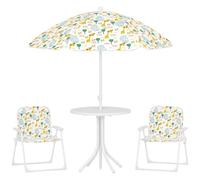 AIYAPLAY Ensemble Salon de Jardin Extérieur Enfant 4 Pièces Blanc | Table Enfant avec Chaise, Motif Éléphant et Girafe, Parasol Réglable Ø 100 cm, Chaise Pliable, Terrasse Balcon Plage