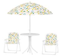 AIYAPLAY Ensemble salon de jardin extérieur enfant 4 pièces, motif éléphant et girafe, parasol réglable Ø 100 cm, chaise pliable