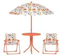 AIYAPLAY Ensemble Salon de Jardin Extérieur Enfant 4 Pièces Orange | Table Enfant avec Chaise, Motif Éléphant et Girafe, Parasol Réglable Ø 100 cm, Chaise Pliable, Terrasse Balcon Plage