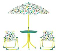 AIYAPLAY Ensemble Salon de Jardin Extérieur Enfant 4 Pièces Vert | Table Enfant avec Chaise, Motif Éléphant et Girafe, Parasol Réglable Ø 100 cm, Chaise Pliable, Terrasse Balcon Plage