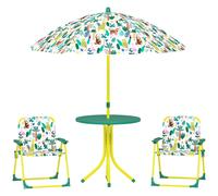 AIYAPLAY Ensemble Salon de Jardin Extérieur Enfant avec 2 Chaises Pliantes et Parasol, Thème Jungle, pour Jardin, Terrasse, Vert