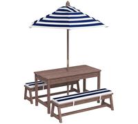 AIYAPLAY Ensemble salon de jardin extérieur enfant avec coussins et parasol amovible, rayé bleu marine et blanc