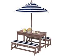 AIYAPLAY Ensemble salon de jardin extšŠrieur enfant, table pique-nique enfant avec bancs, coussins et parasol amovible, pour jardin, pelouse, camping, rayšŠ bleu marine et blanc