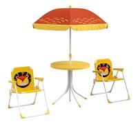AIYAPLAY Ensemble salon de jardin extérieur enfant, table enfant avec chaise 4 pièces, motif éléphant et girafe, parasol réglable Ø 100 cm, chaise pliable, pour terrasse, balcon, plage, jaune
