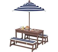 AIYAPLAY Salon de jardin enfant – Table et bancs coussins, parasol amovible – Bleu marine/blanc rayé