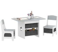 AIYAPLAY : Ensemble table et chaises pour enfants de 3 à 8 ans, avec 6 tiroirs et bords arrondis, en bois et tissu, de couleur grise et blanche