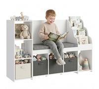 AIYAPLAY Étagère à jouets pour enfants, bibliothèque Montessorienne en bois pour enfants de 3 à 8 ans, avec bibliothèque à 3 niveaux, 3 tiroirs en tissu, 4 compartiments, coussin, pour chambre