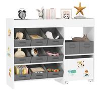 AIYAPLAY Étagère de rangement enfant pour jouets et livres, avec 11 bacs de rangements en tissu non tissé et un cabinet sur roulettes, pour chambre, salon, salle de jeu, 105x30x80cm, blanc