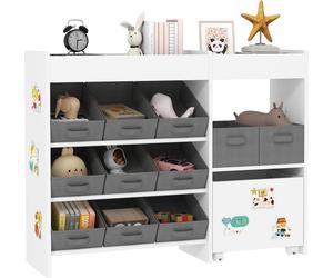 AIYAPLAY Étagère de rangement enfant pour jouets et livres, avec 11 bacs de rangements en tissu non tissé et un cabinet sur roulettes, pour chambre, salon, salle de jeu, 105x30x80cm, blanc