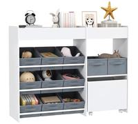 AIYAPLAY Étagère de rangement enfant pour jouets et livres, avec 11 bacs de rangements en tissu non tissé et un cabinet sur roulettes, pour chambre, salon, salle de jeu, 105x30x80cm, blanc