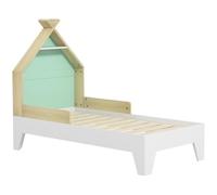 AIYAPLAY Lit pour Enfant 3-8 Ans, Cadre de Lit Simple avec Barrières de Sécurité et Tête de Lit Maison, 144 x 74 x 110 cm, Sommier à Lattes Inclus, Vert