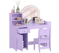 AIYAPLAY Qaba Coiffeuse Enfant avec Miroir Lumineux, Table de Maquillage avec Chaise, Placard, Tiroir et Étagères, Violet, 3-8 Ans