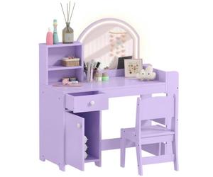 AIYAPLAY Qaba Coiffeuse Enfant avec Miroir Lumineux, Table de Maquillage avec Chaise, Placard, Tiroir et Étagères, Violet, 3-8 Ans