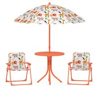 AIYAPLAY Salon de jardin enfant, table enfant avec 2 chaises pliantes et parasol Ø 100 cm, motif animal, orange