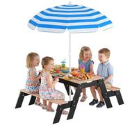 AIYAPLAY Table de Pique-Nique Enfants avec Parasol Amovible Bois Naturel | 3 en 1 Salon de Jardin en Bois pour Enfants 3-6 Ans, 2 Boîtes Sable & Eau, Charge 50 kg, pour Jardin Terrasse Patio