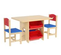 AIYAPLAY Table Enfant avec 2 Chaises 4 Bacs Rangement 3-7 Ans Bois Naturel | Ensemble Table et Chaises 3 Pièces en Bois, Motifs Étoilés