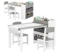 AIYAPLAY Table Enfant avec Chaise, Ensemble Table et 2 Chaises Enfant en Bois pour Dessiner, Jouer, Étudier, avec Rouleau de Papier, Tiroirs et Étagères de Rangement, pour Fille Garçon 3-8 Ans, Gris