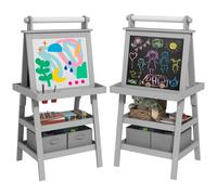 AIYAPLAY Tableau chevalet enfant 3 en 1 tableau double face enfant avec panneau blanc et noir magnétique - rouleau papier + 2 paniers rangement intégrés - 3-6 ans en bois gris