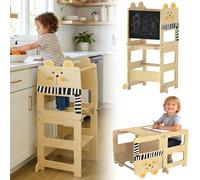 AIYAPLAY Tour d'apprentissage 3 en 1 pliable, convertible en bureau et chaise, tabouret d'apprentissage pour enfants de 2 à 5 ans avec tableau noir, dessins de chats, pour la salle de bain, la