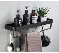 AJINGELA Étagère murale en métal flottante, Noir - Étagère de salle de bain murale avec rebord - Étagère d'espace de rangement antirouille extra forte avec 4 crochets et barre (30 cm)