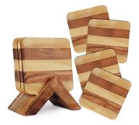 Ajuny Dessous de Verre en Bois avec Support - Lot de 4 sous-Verres Carrés 10x10 cm Antidérapants, Protection de Table pour Tasses à Café, Thé et Verres, Idéal pour Bar, Cuisine, Salon, Bureau