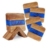 Ajuny sous-Verres Carrés Bois & Résine Bleue Faits Main - Lot de 4 Antidérapants 10 x 10 cm, Protection de Table pour Tasses à Café/Thé, Verres à Eau/Vin, Déco Maison Cuisine Salon