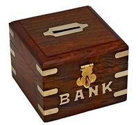 Ajuny Tirelire en Bois Fait Main - Boîte à Économies Vintage Carrée avec Accents en Laiton, Loquet Verrouillable, Coffret Déco pour Pièces & Billets, Cadeau Éducatif Enfants & Adultes 10,2 cm