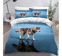 AKATIE Chien Husky Sibérien Housse de Couette 200×200 Enfant Garçons Fille 3D Motif Parure de Lit Animal Chien Bleu Microfibre Housse de Couette 1 Personne avec 2 Taies d'oreiller 50x75