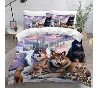 AKATIE Housse de Couette 140x200 Enfant Loup Parure de Lit 1 Personne Microfibre Housse de Couette Paysage d'hiver 3D Imprimé Literie Set 3 Pièces avec Fermeture Éclair