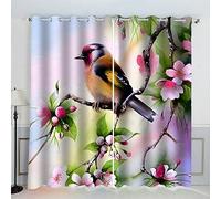 AKATIE Oiseau Rideaux Thermique Isolant Anti Froid Polyester 2 Pièces 3D Impression Branche De Fleur De Printemps Motif Opaque Rideau Occultant Oeillet Chambre Salon Rideau （220x215 cm）