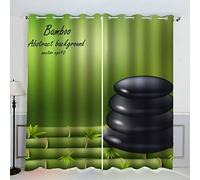 AKATIE Pierre Zen Verte Rideau Thermique Isolant Anti Froid 2 Pièces Rideaux Bambou Spa Rideau Occultant 3D Impression Moderne Salon Chambre Rideaux Acoustiques （183x214 cm）