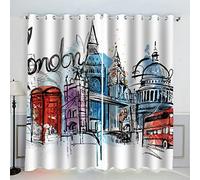 AKATIE Rideau Paysage De Londres Motif Dessiné à La Main Rideau Thermique Isolant Anti Froid Rideau Occultant Oeillet 2 Pièces Opaque Salon Maison Décoration Rideaux Polyester （234x137 cm）